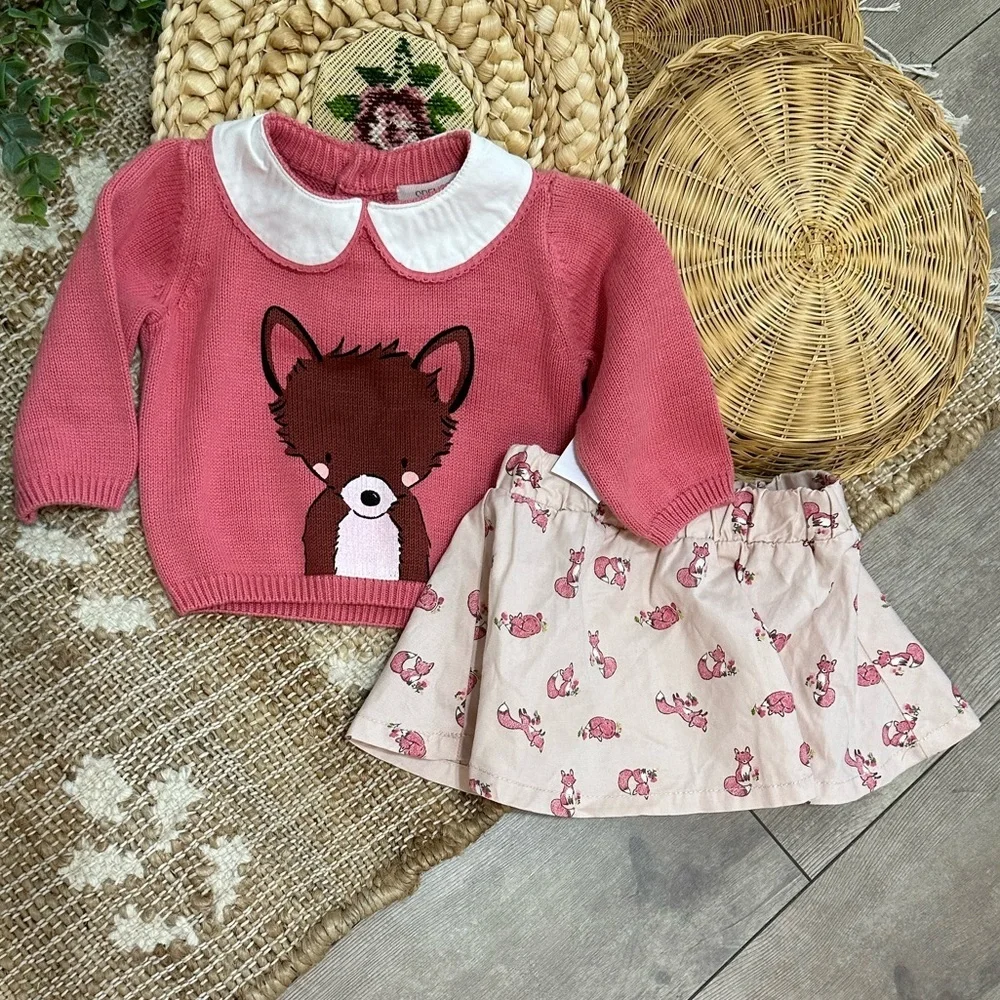 New Jaclyn Smith Baby Girl Pink Fox Sweater & Skirt Set Size 0-3 Months